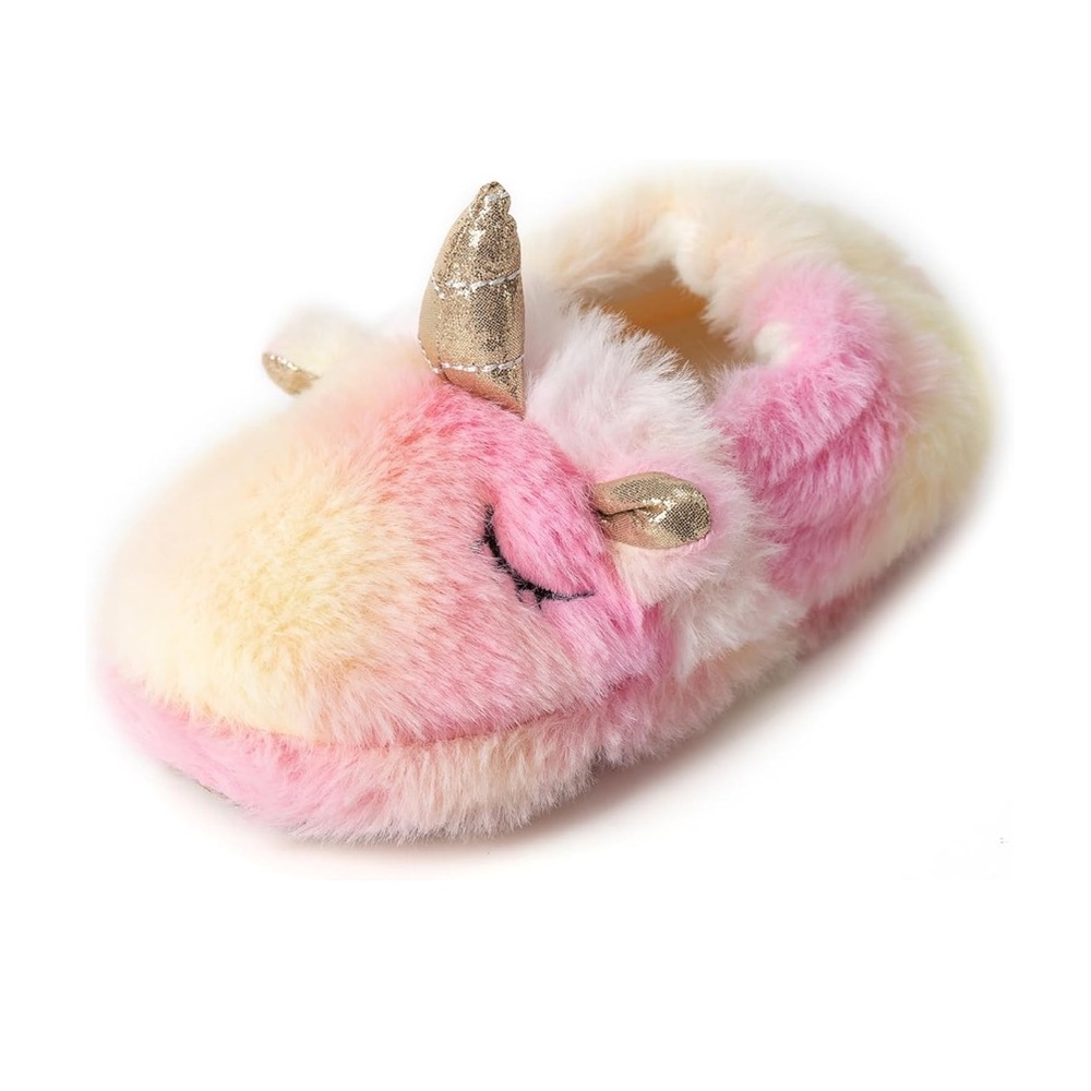 Unicorn Plush Slippers with No- slip Rubber Sole in Pink and Cream, 7-8